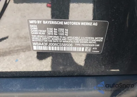 2024 BMW 530 I z USA, uszkodzony, nr VIN WBA43FJ00RCS58506